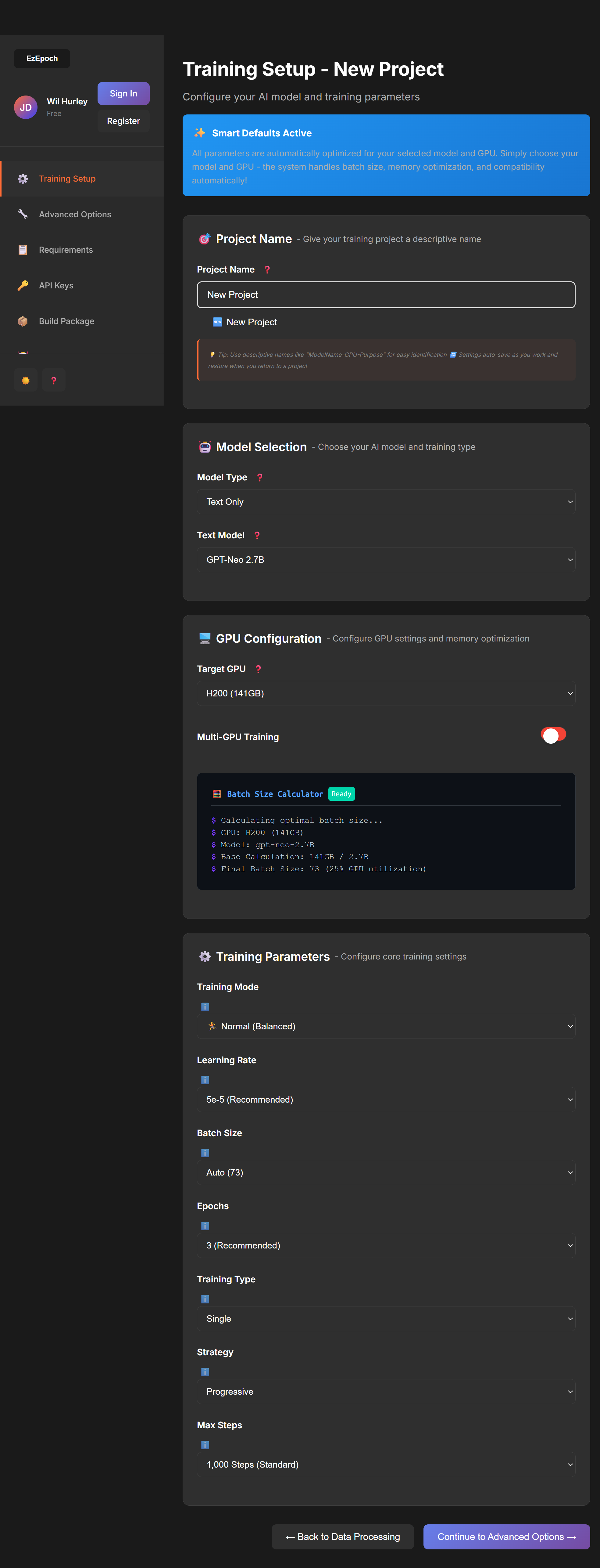 Training Setup Screenshot